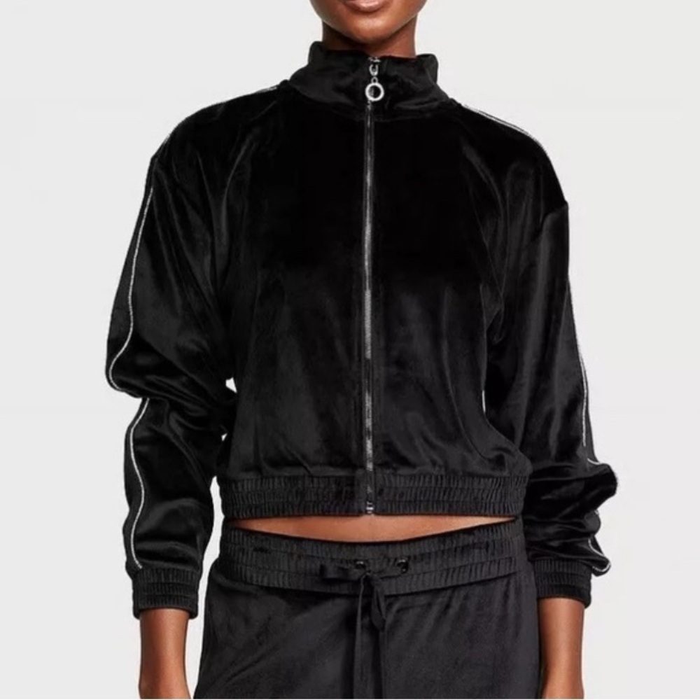 Victoria's Secret Black Velour Bomber Jacket with rhinestones XL